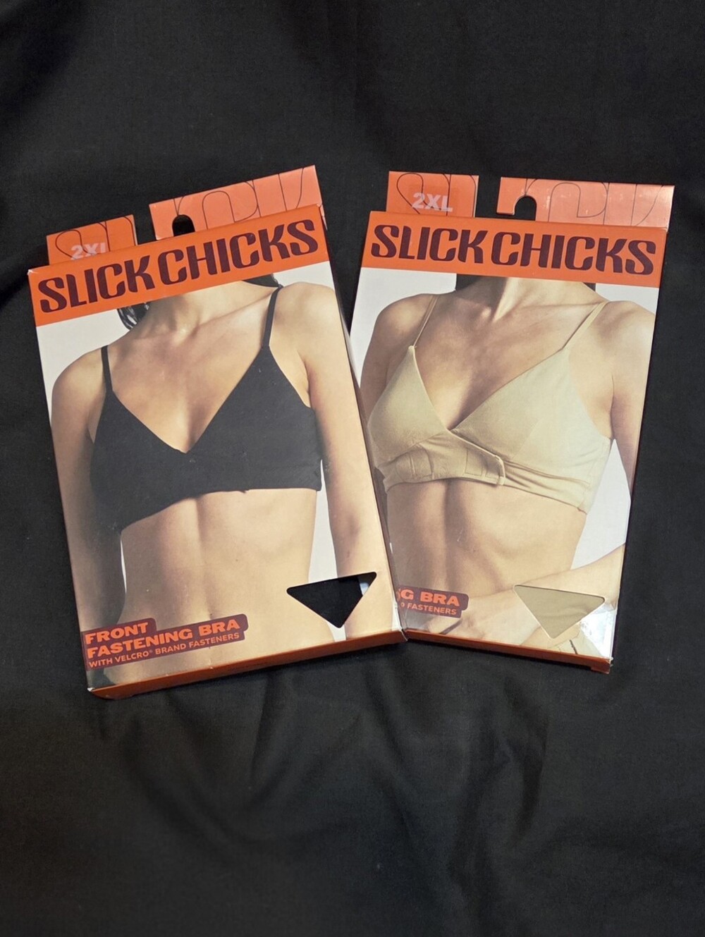 Two NEW Slick Chicks 2XL front fastening bras in black and beige